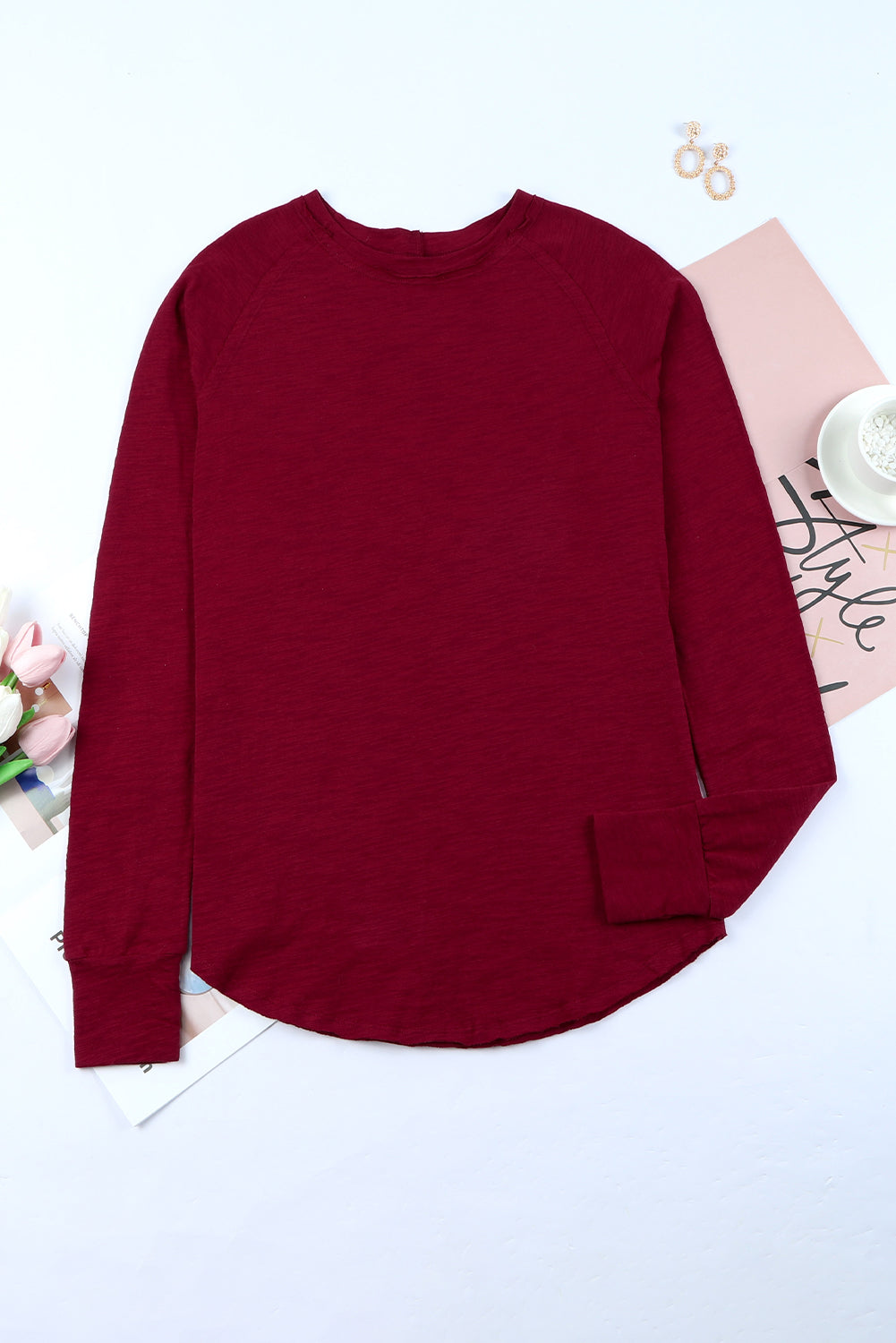 Red Solid Crew Neck Long Sleeve Top