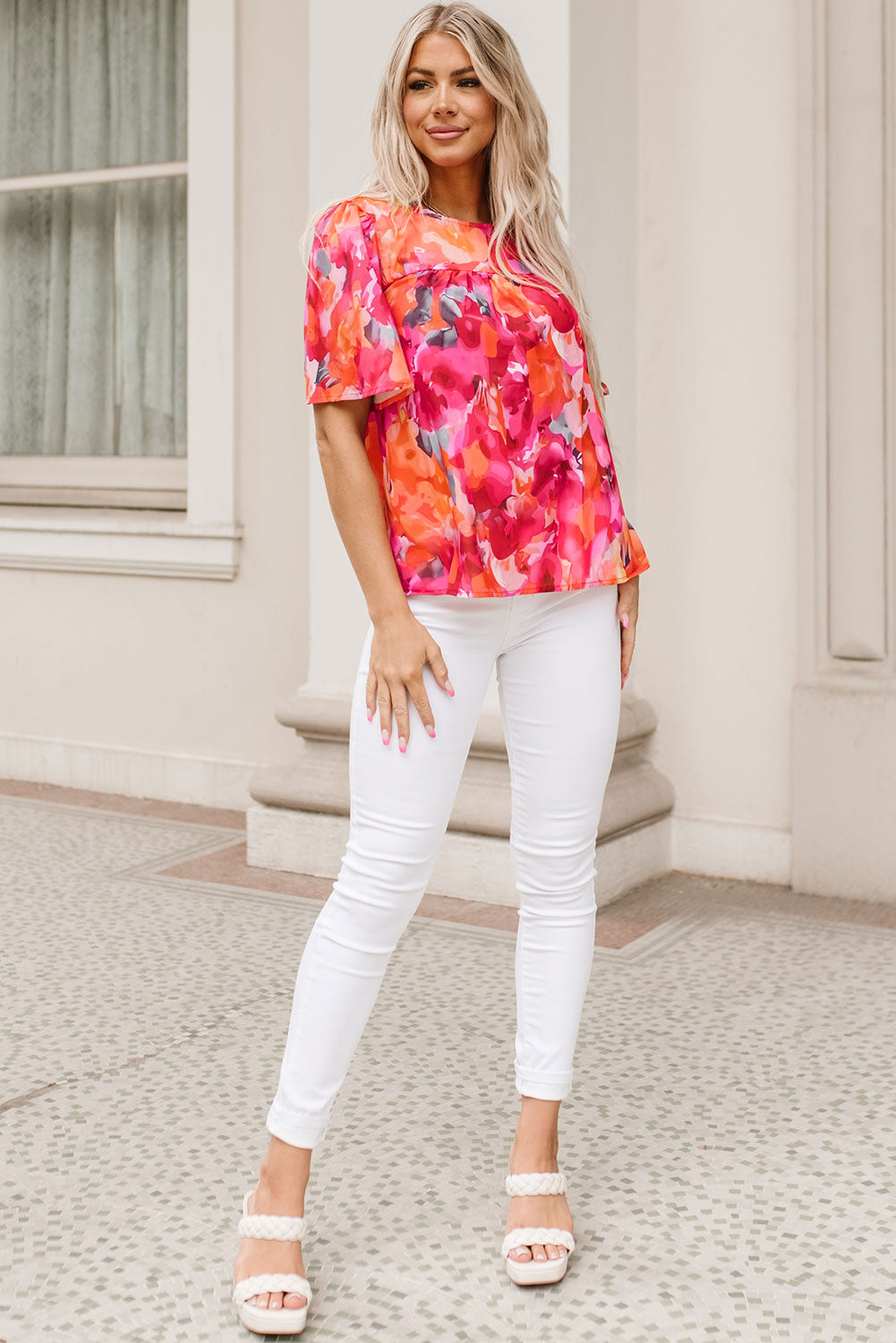 Red Floral Print Wide Sleeve Blouse