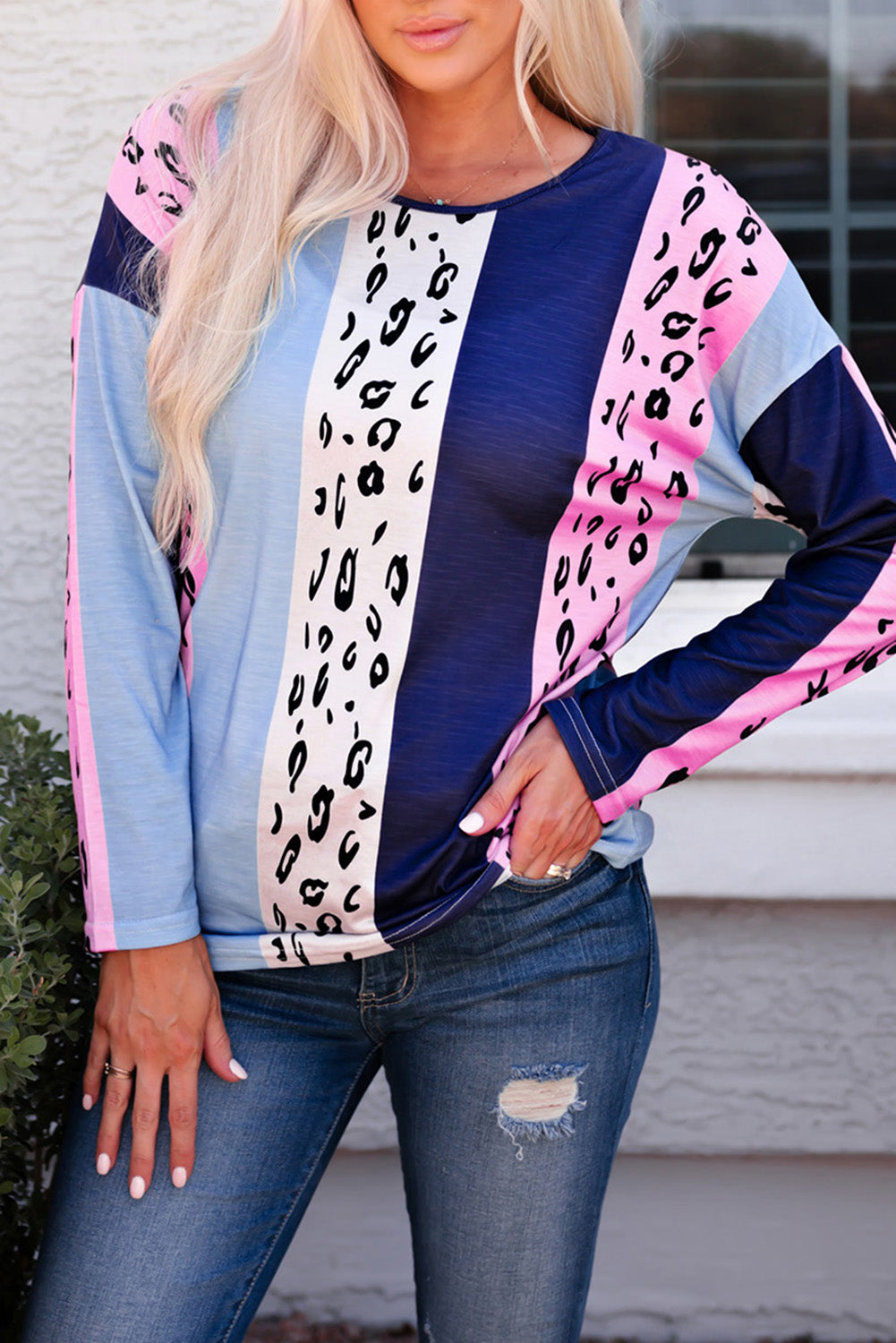 Leopard Color Block Leopard Long Sleeve Blouse
