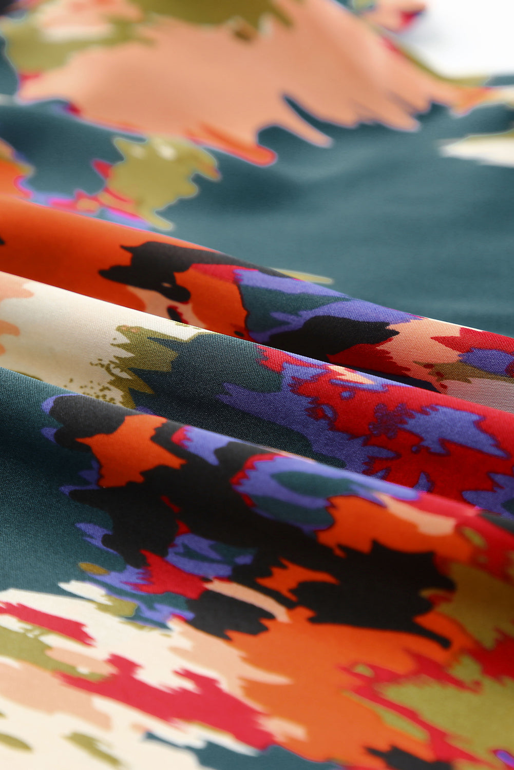 Green Abstract Printed V Neck Bubble Sleeve Blouse