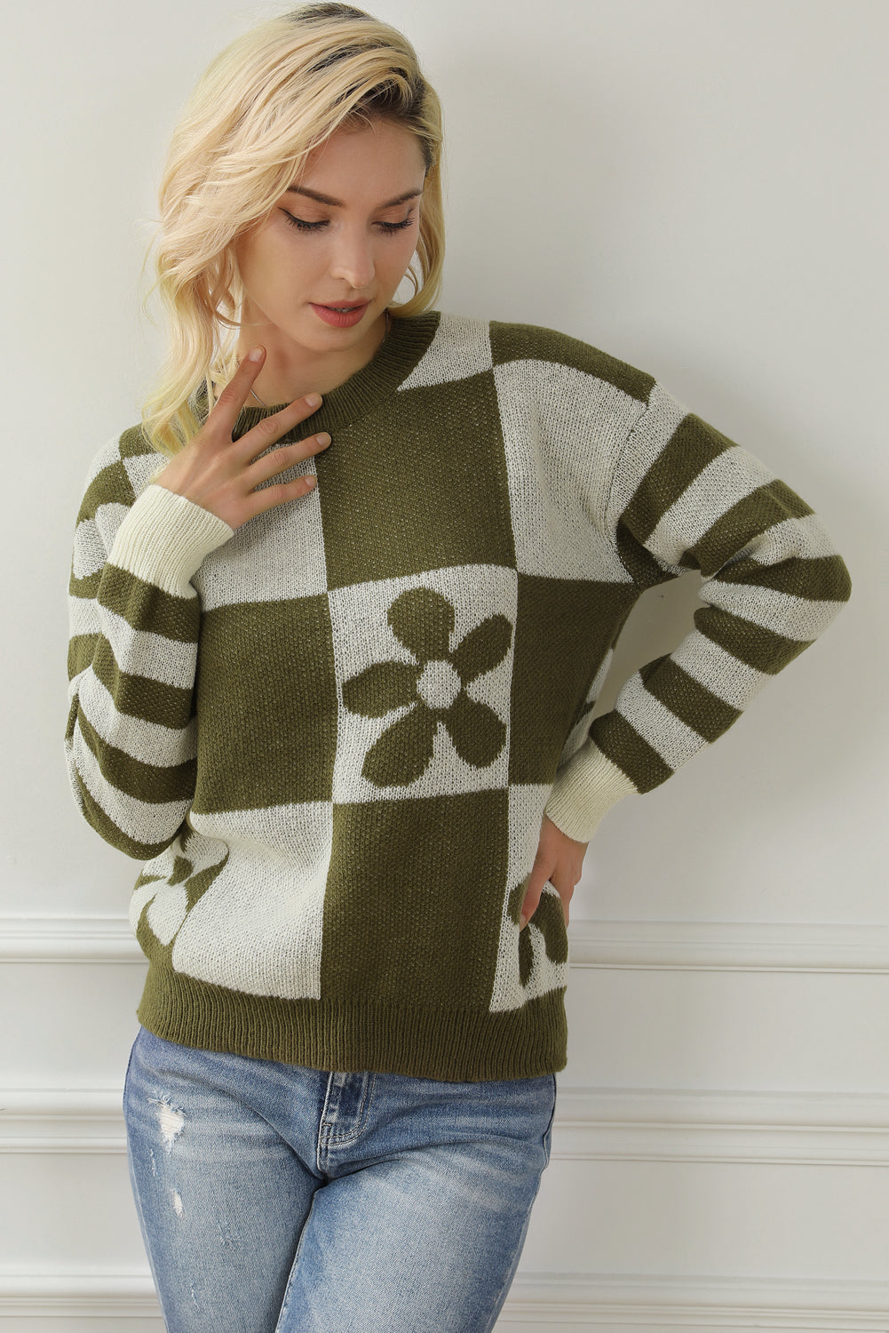 Green Checkered Floral Print Striped Sleeve Sweater