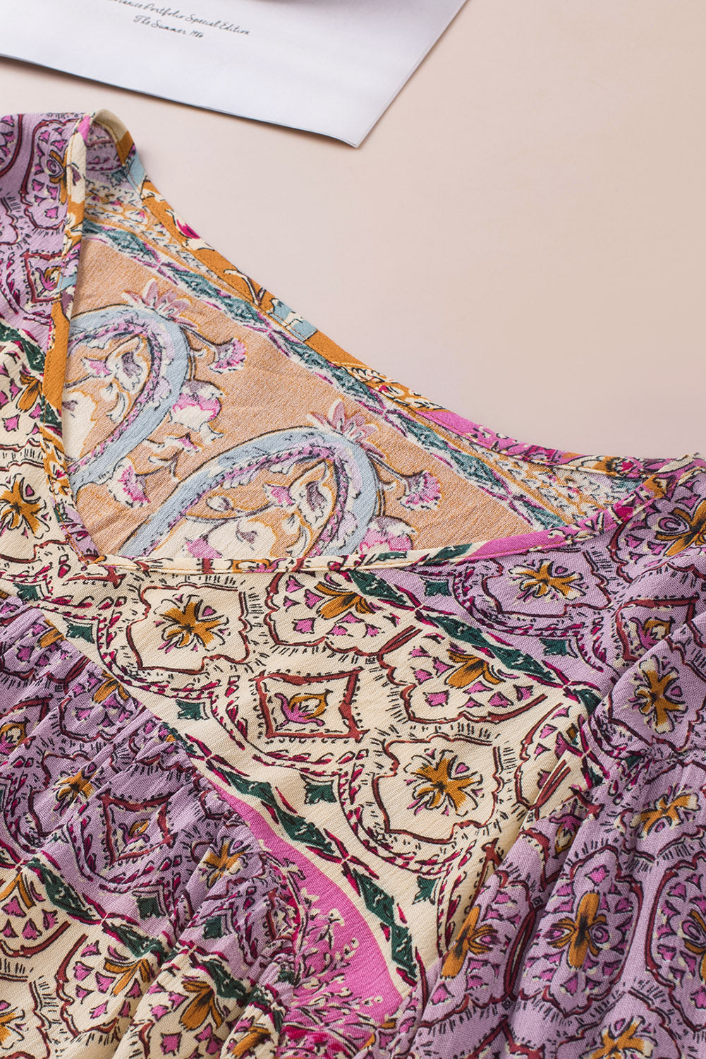 Multicolor Boho Print V Neck Bubble Sleeve Blouse