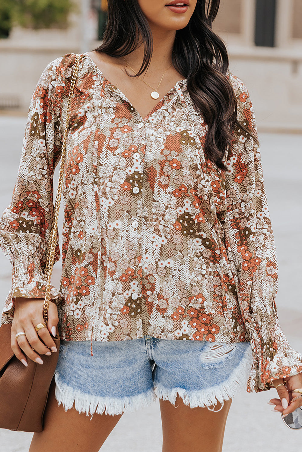 Khaki Floral Print Tie V Neck Button Up Blouse