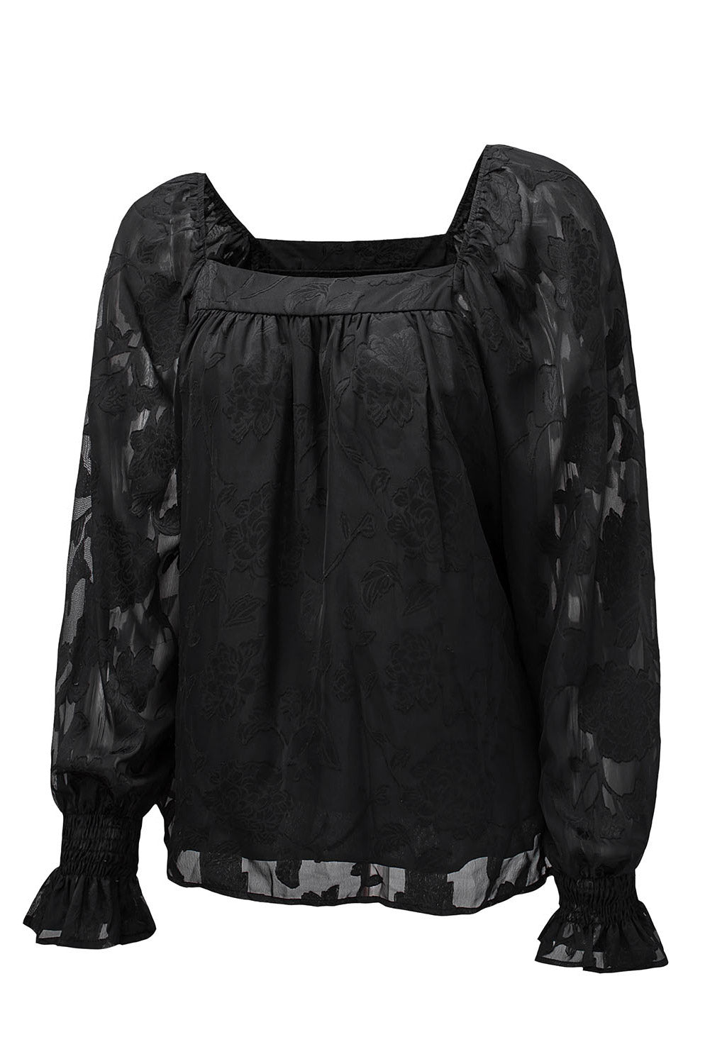 Black Square Neck Floral Textured Blouse