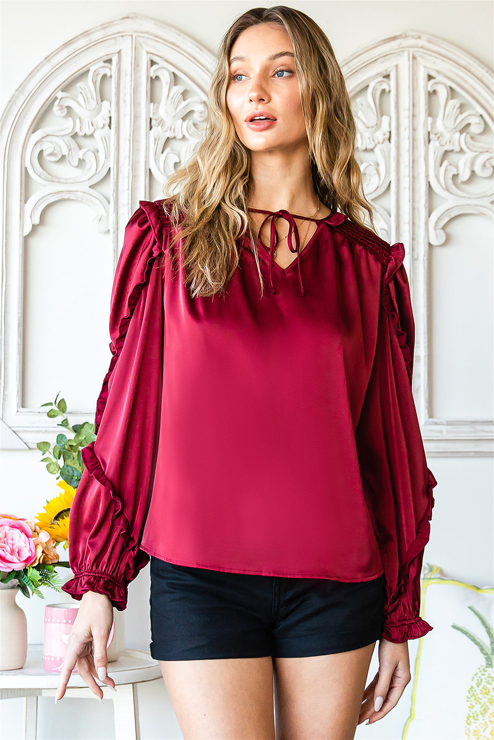 Red Split Neck Ruffled Satin Shirt