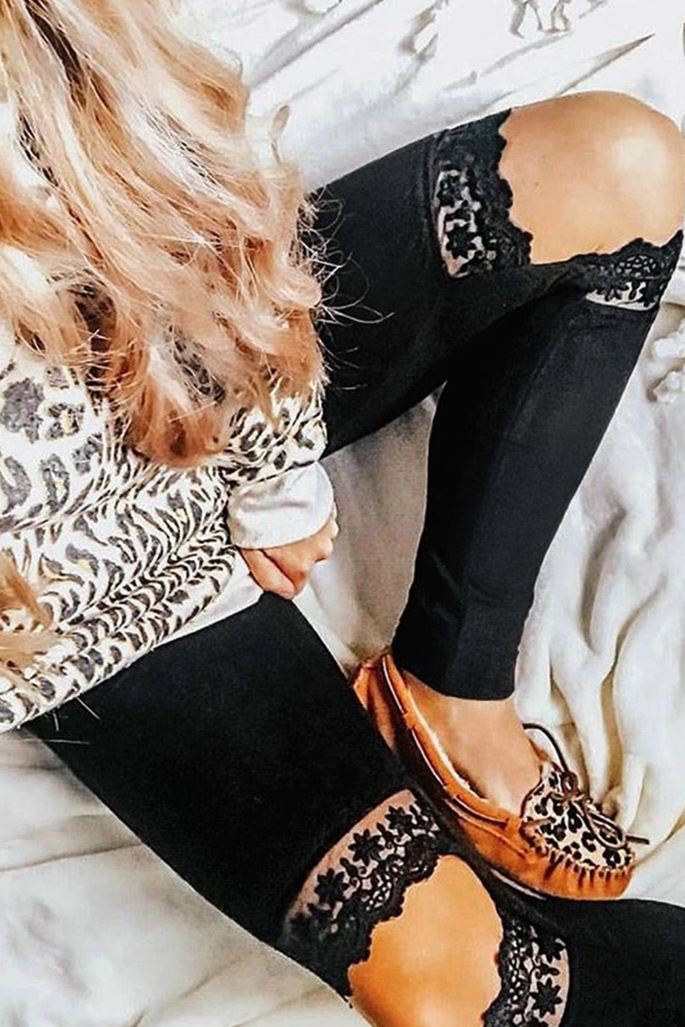 Floral Hollow Out Black Skinny Leggings