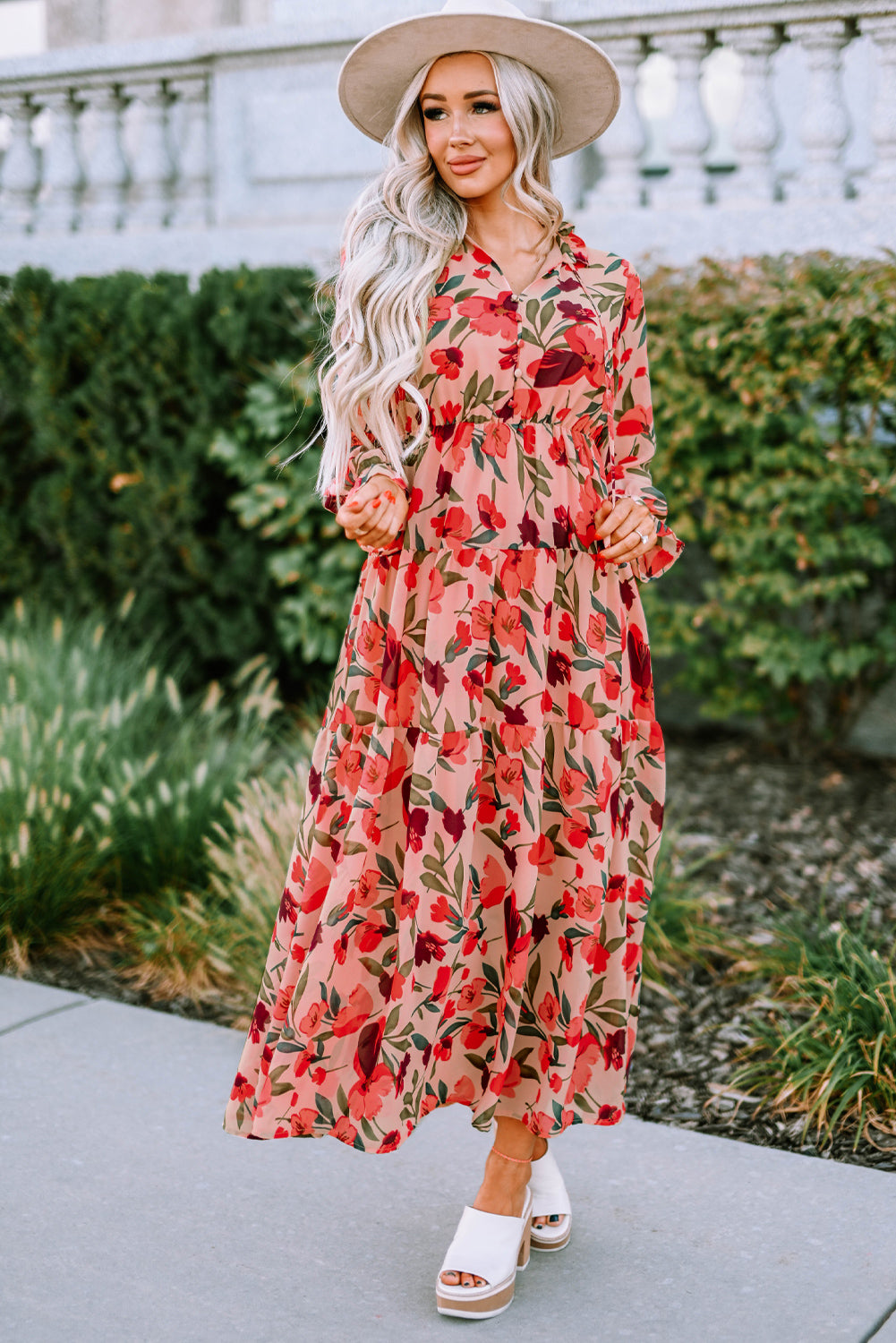 Red Frilled Collar Long Sleeve Tiered Maxi Floral Dress