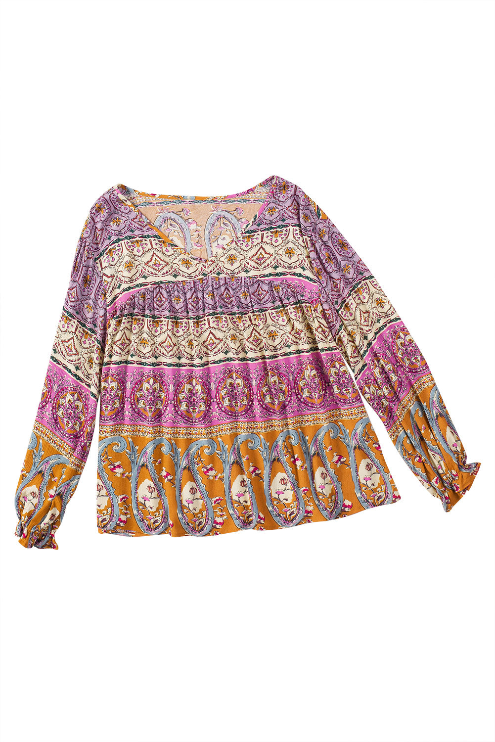 Multicolor Boho Print V Neck Bubble Sleeve Blouse