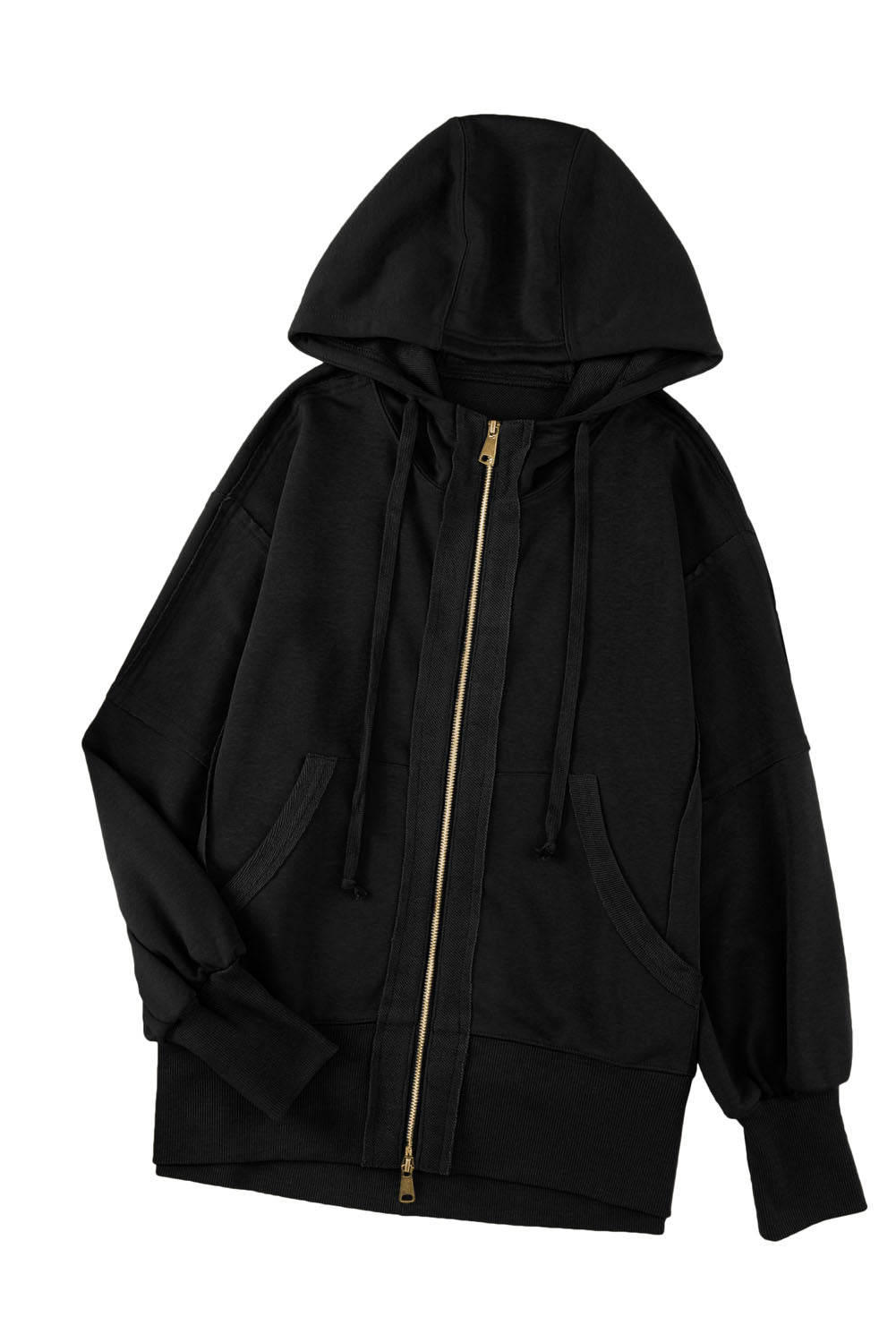 Black Raw Edge Exposed Seam Full Zip Hoodie