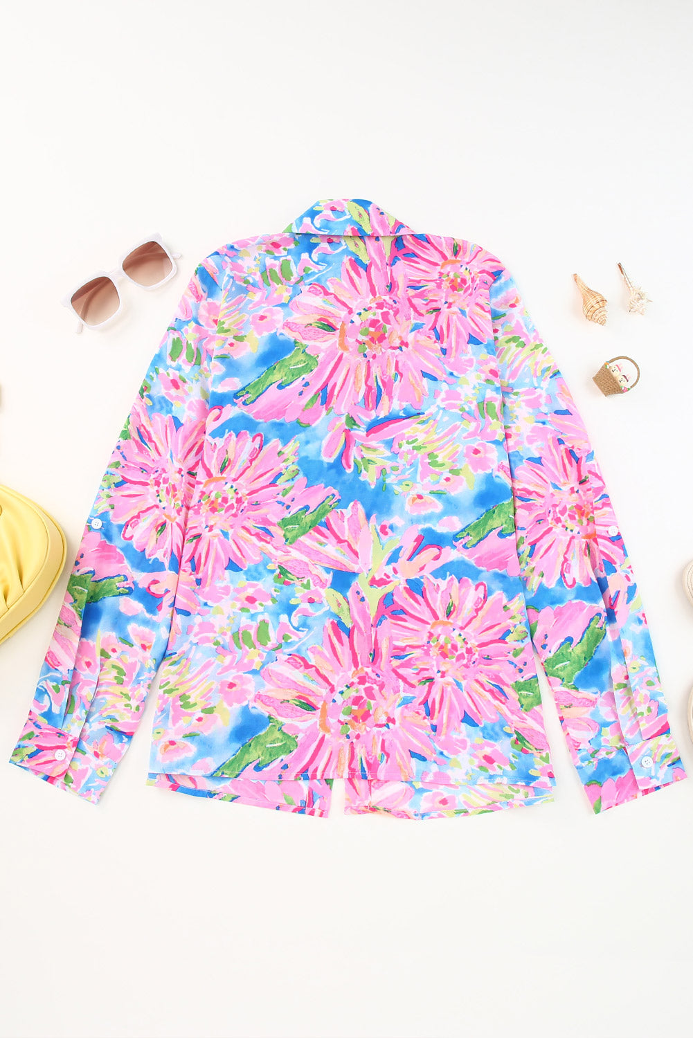 Pink Abstract Floral Print Buttoned Sheath Long Sleeve Shirt