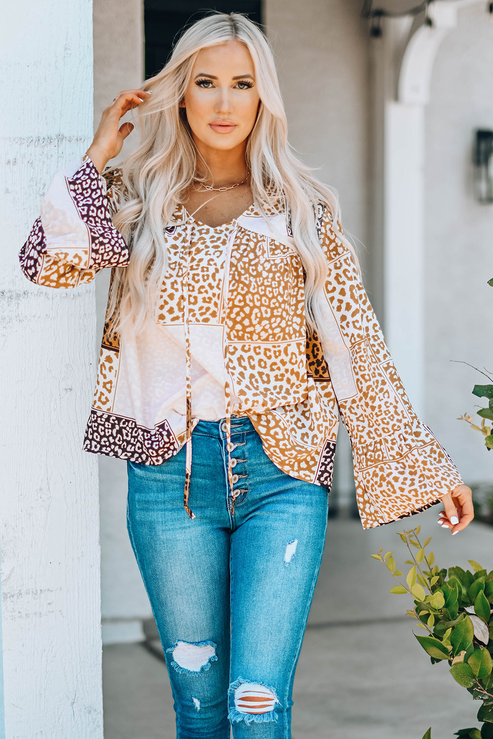 Brown Colorblock Leopard Ribbon Tie Blouse