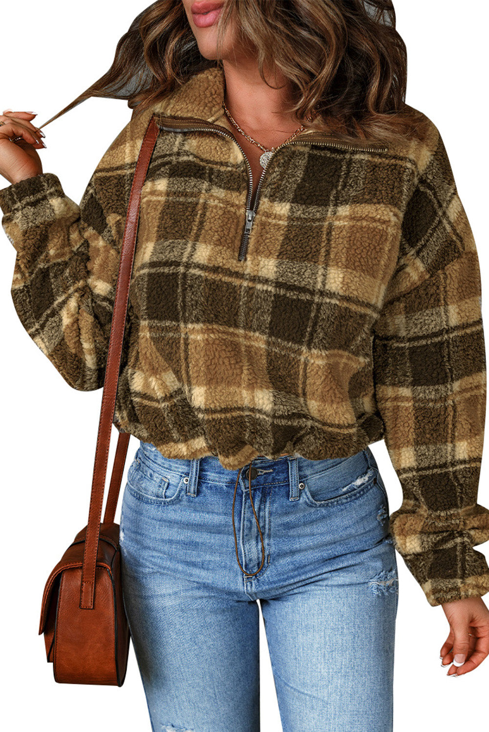 Brown Zip Collar Plaid Pattern Fleece Sweatshirt