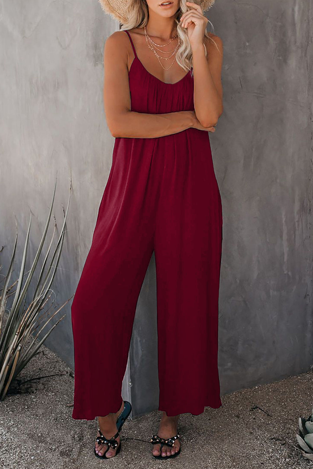 Red Spaghetti Straps Wide Leg Pocketed Jumpsuits