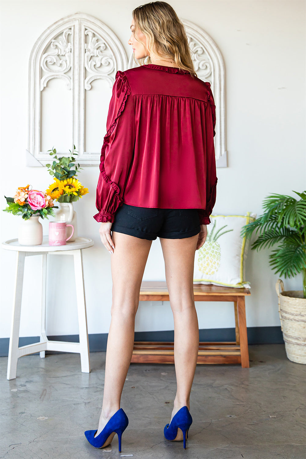 Red Split Neck Ruffled Satin Shirt