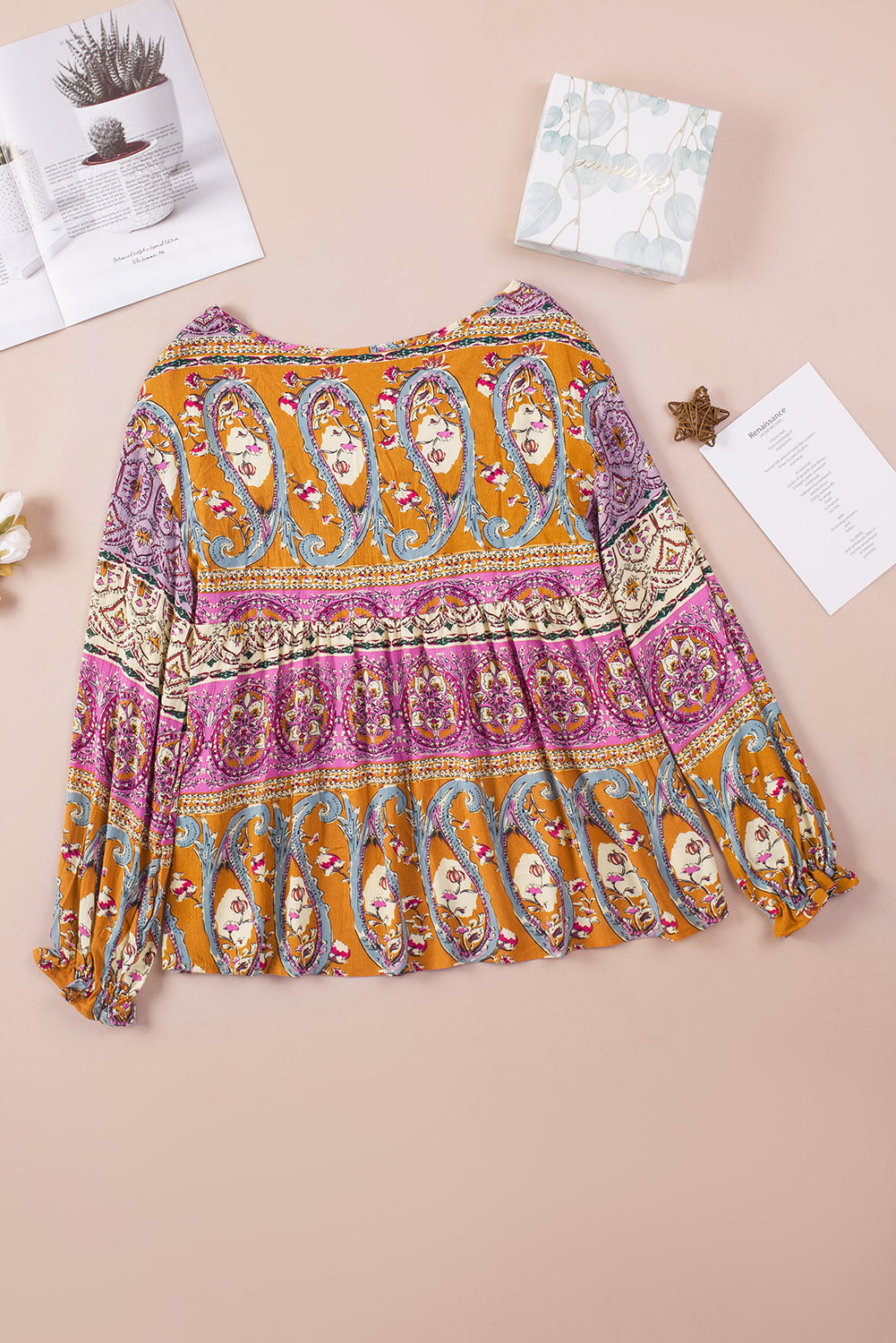 Multicolor Boho Print V Neck Bubble Sleeve Blouse