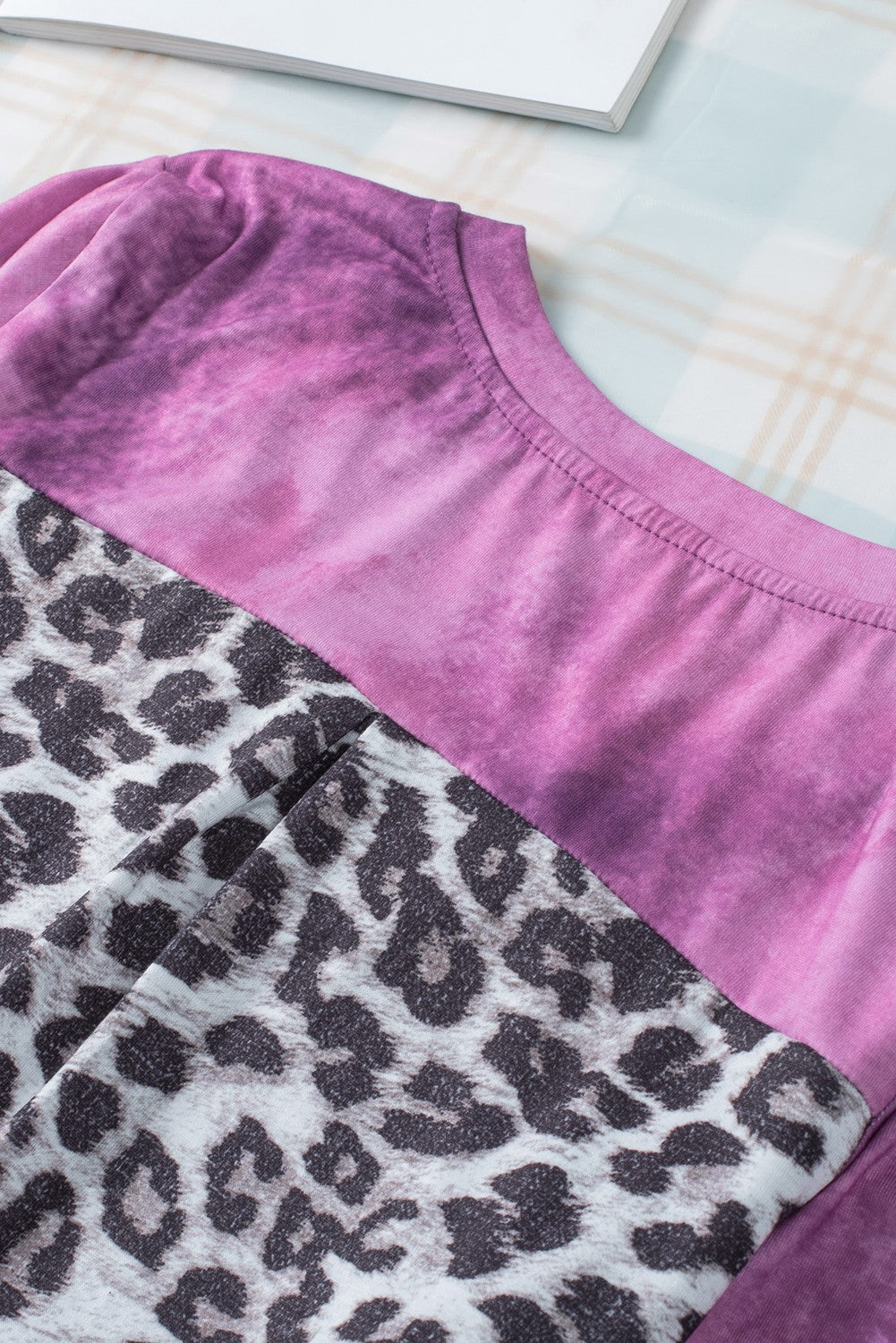 Rose Tie Dye Leopard Patchwork Pocket V Neck Top