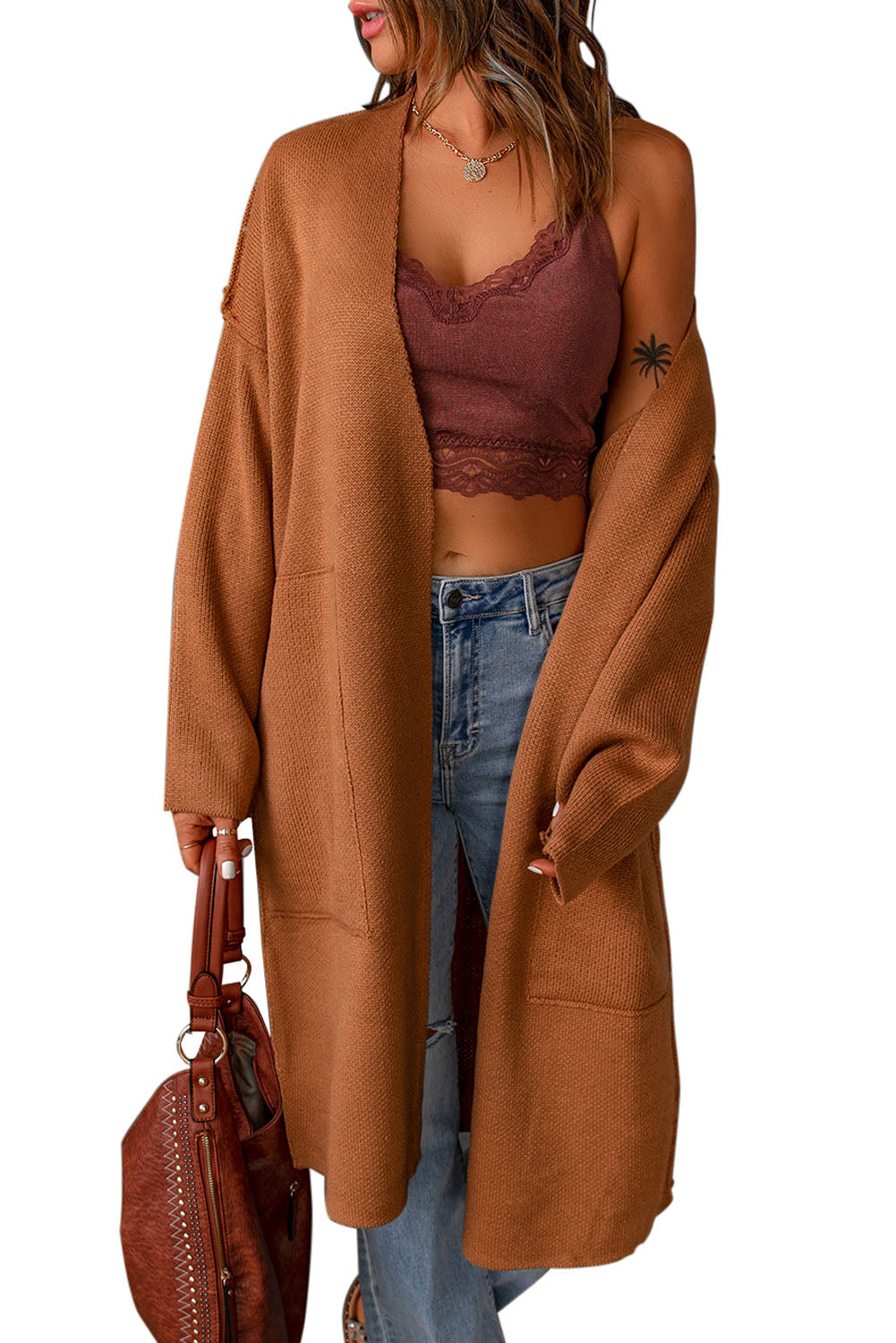 Brown Solid Open Front Drop Sleeves Long Cardigan