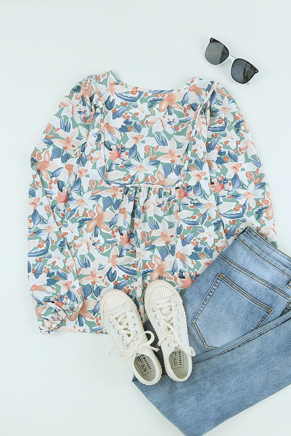 Green Floral Print Lace Up Blouse