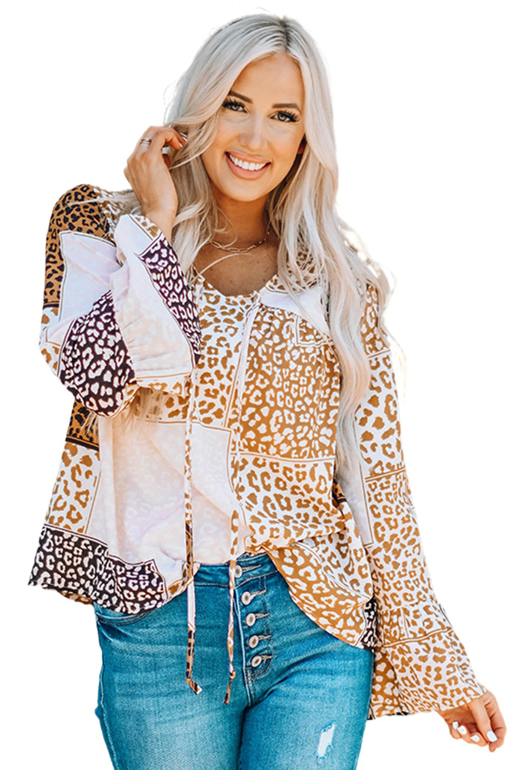 Brown Colorblock Leopard Ribbon Tie Blouse