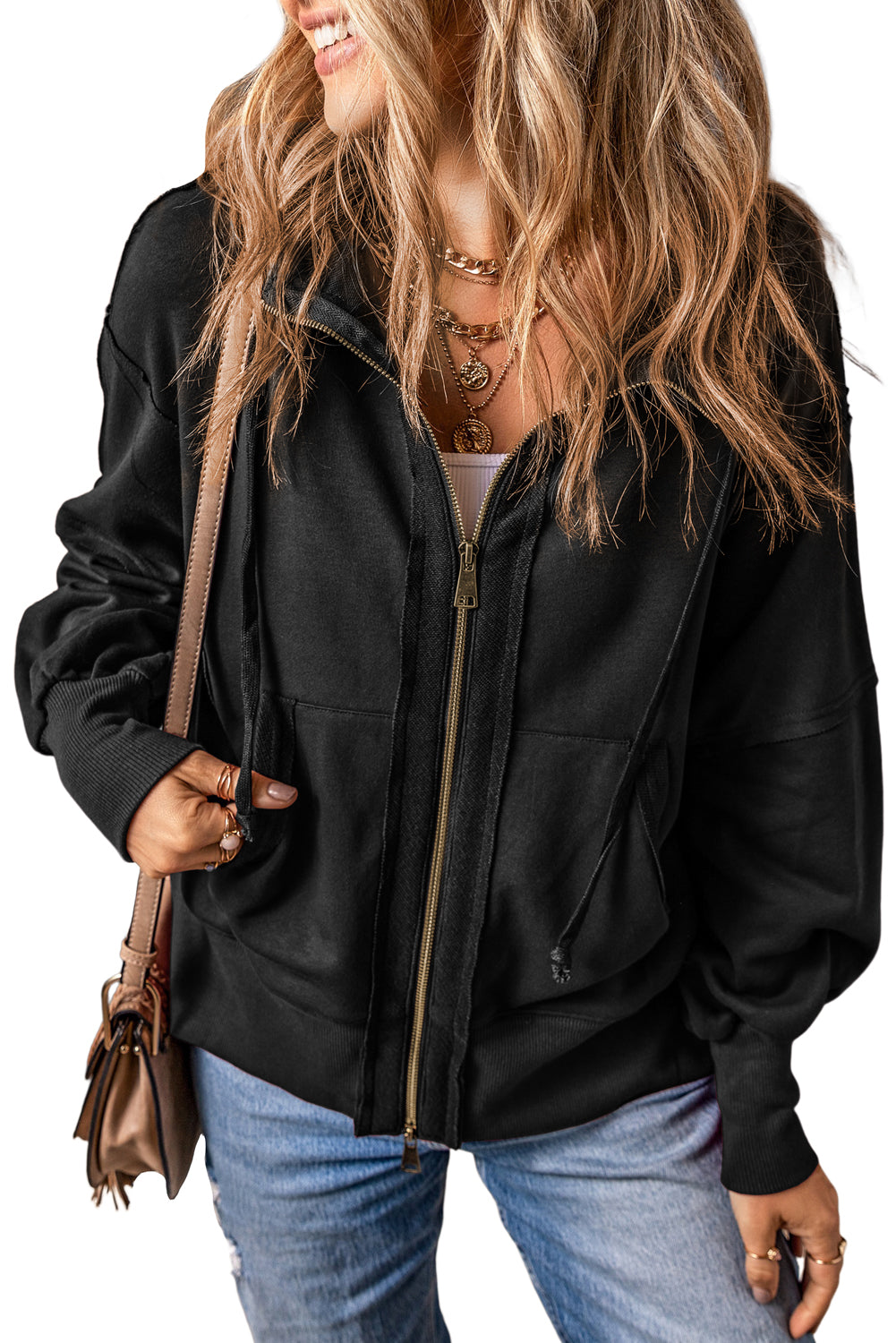 Black Raw Edge Exposed Seam Full Zip Hoodie