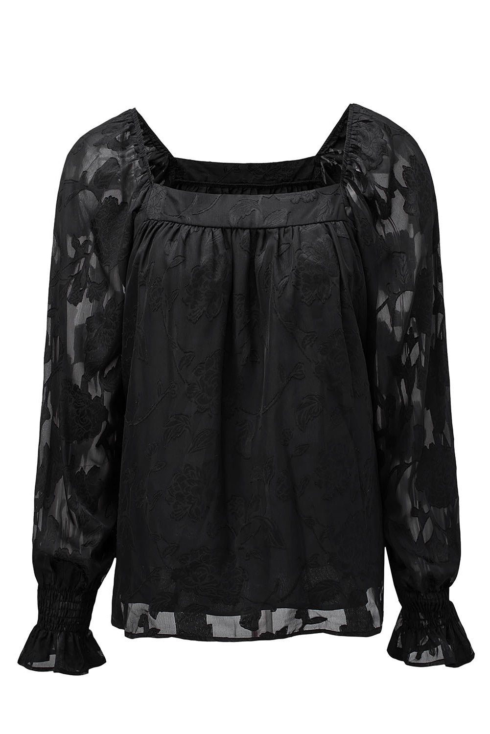 Black Square Neck Floral Textured Blouse