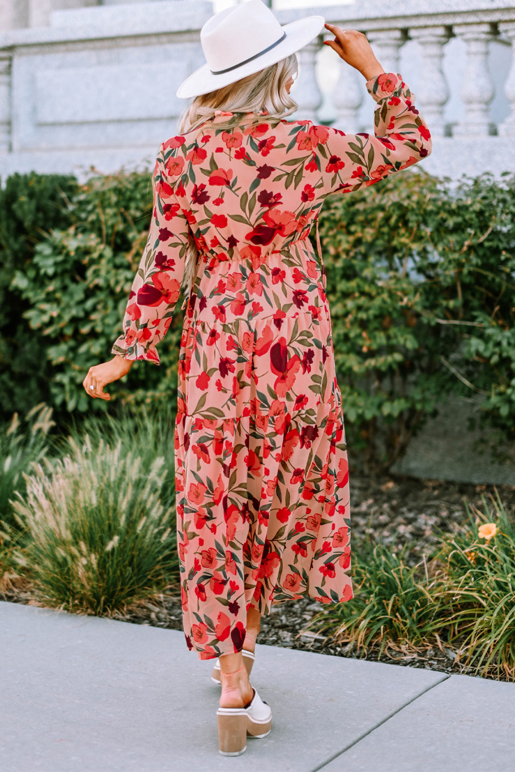 Red Frilled Collar Long Sleeve Tiered Maxi Floral Dress