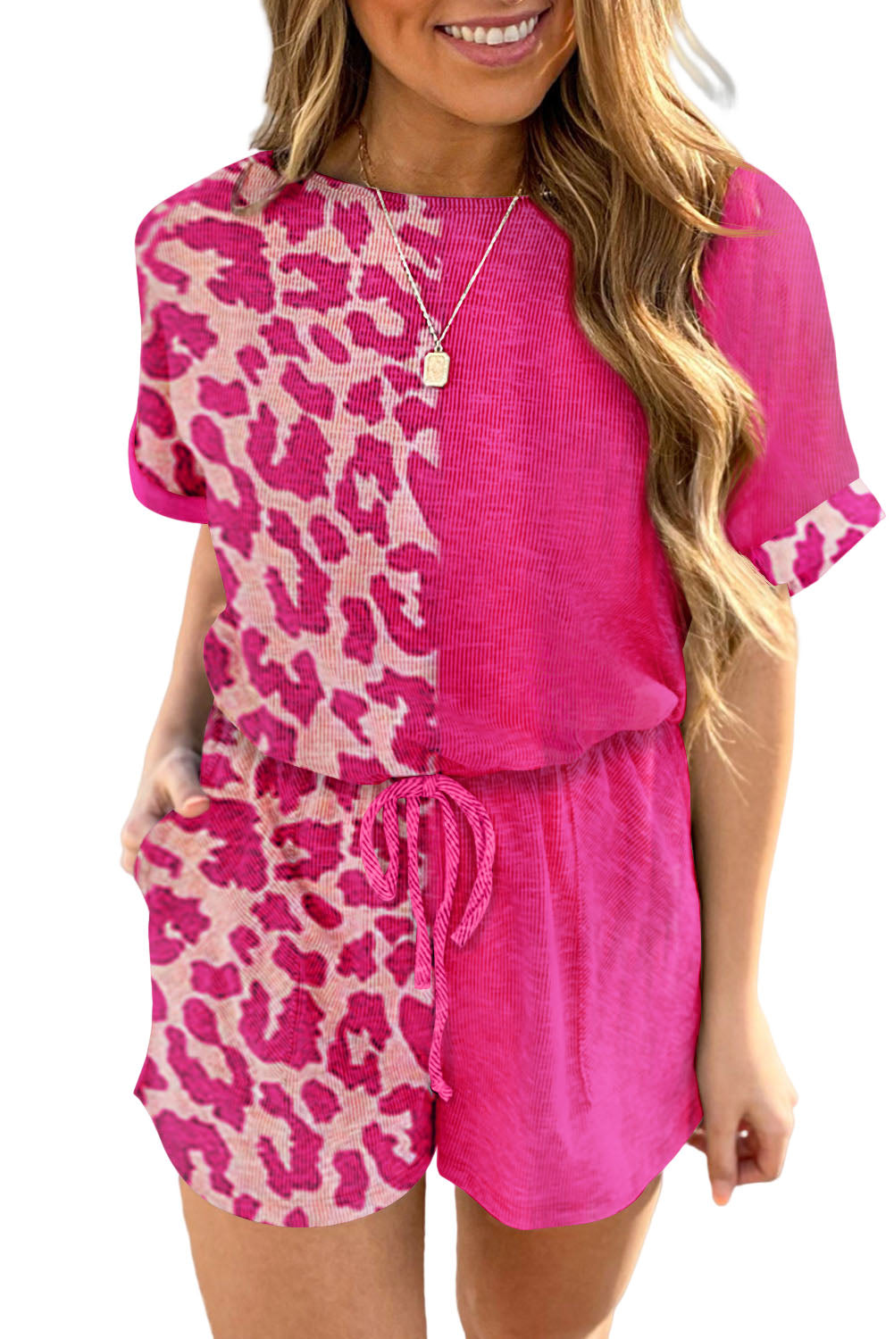 Pink Half Leopard Print Drawstring Knit Romper
