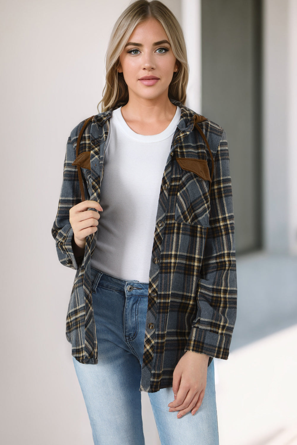 Contrast Hooded Drawstring Plaid Shacket