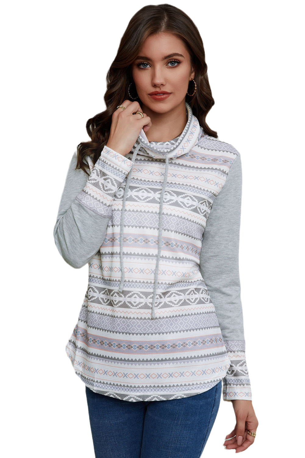 Gray Aztec Print Waffle Knit Cowl Neck Sweatshirt