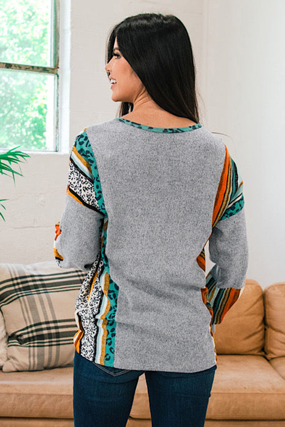 Gray Leopard Serape Drop Shoulder Bubble Sleeves Knit Top