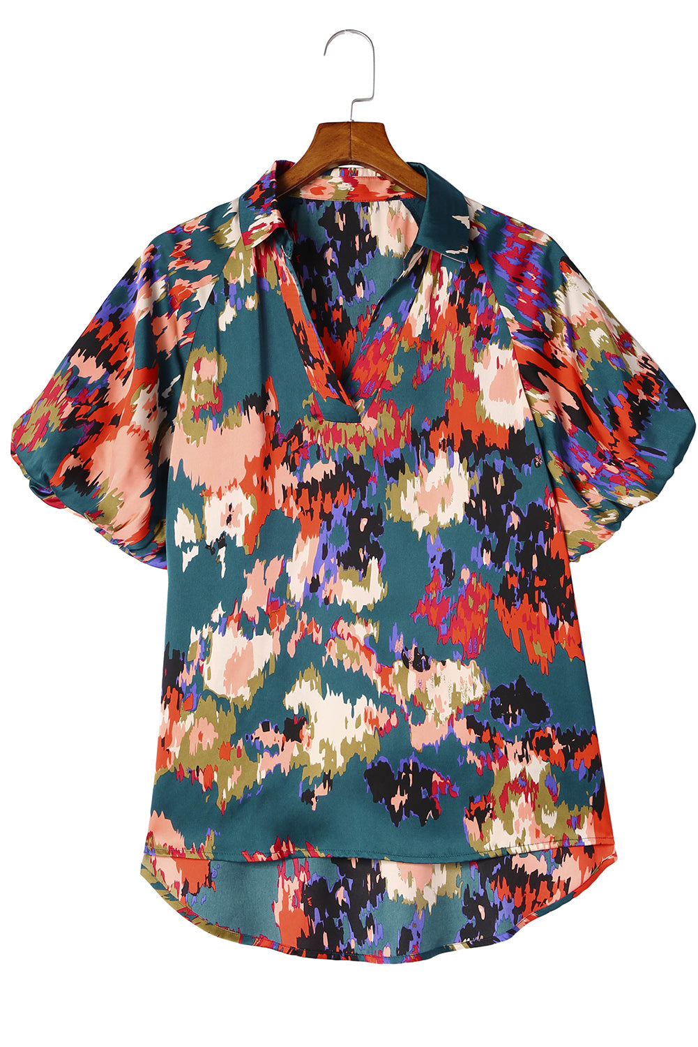 Green Abstract Printed V Neck Bubble Sleeve Blouse