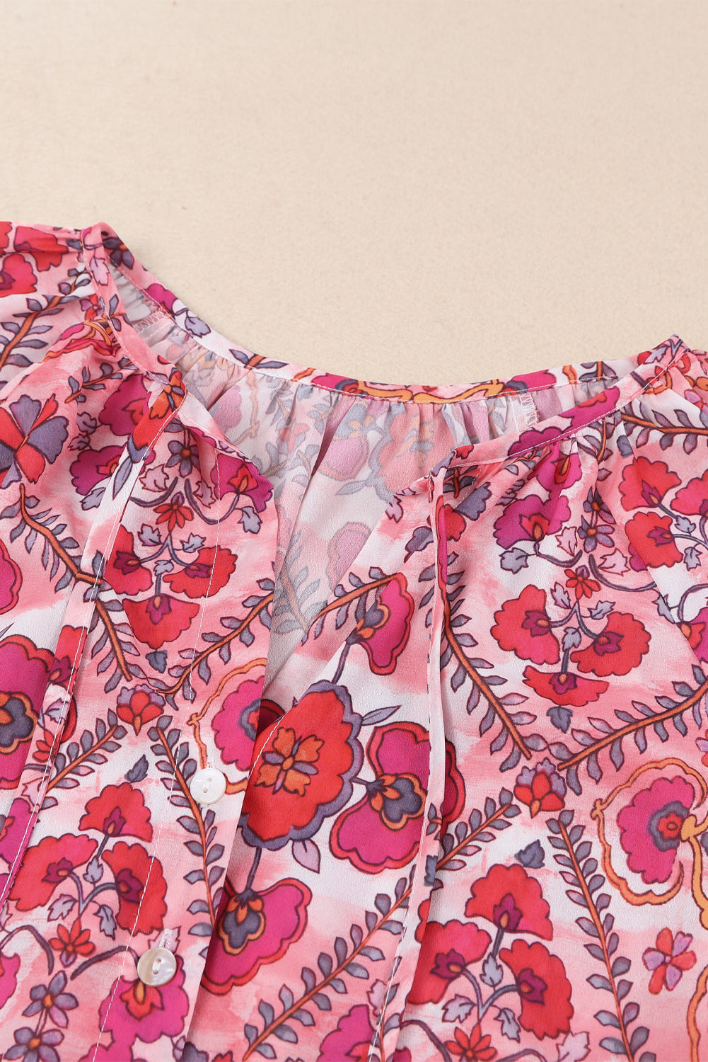 Rose Split Neckline Front Buttons Floral Print Blouse