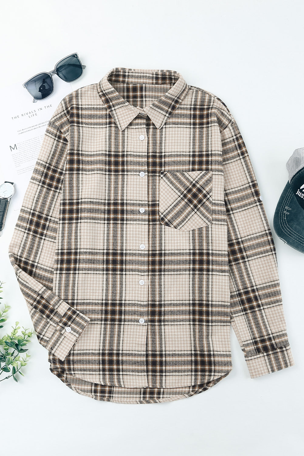 Khaki Chest Pocket Plaid Pattern Long Sleeve Shirt