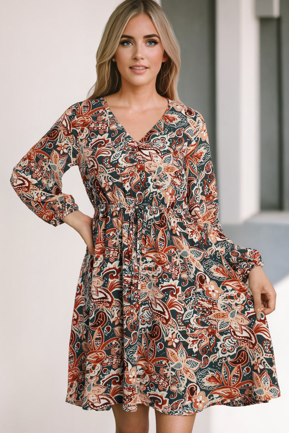 Brown Geometric Print Long Sleeve Surplice Flowy Dress
