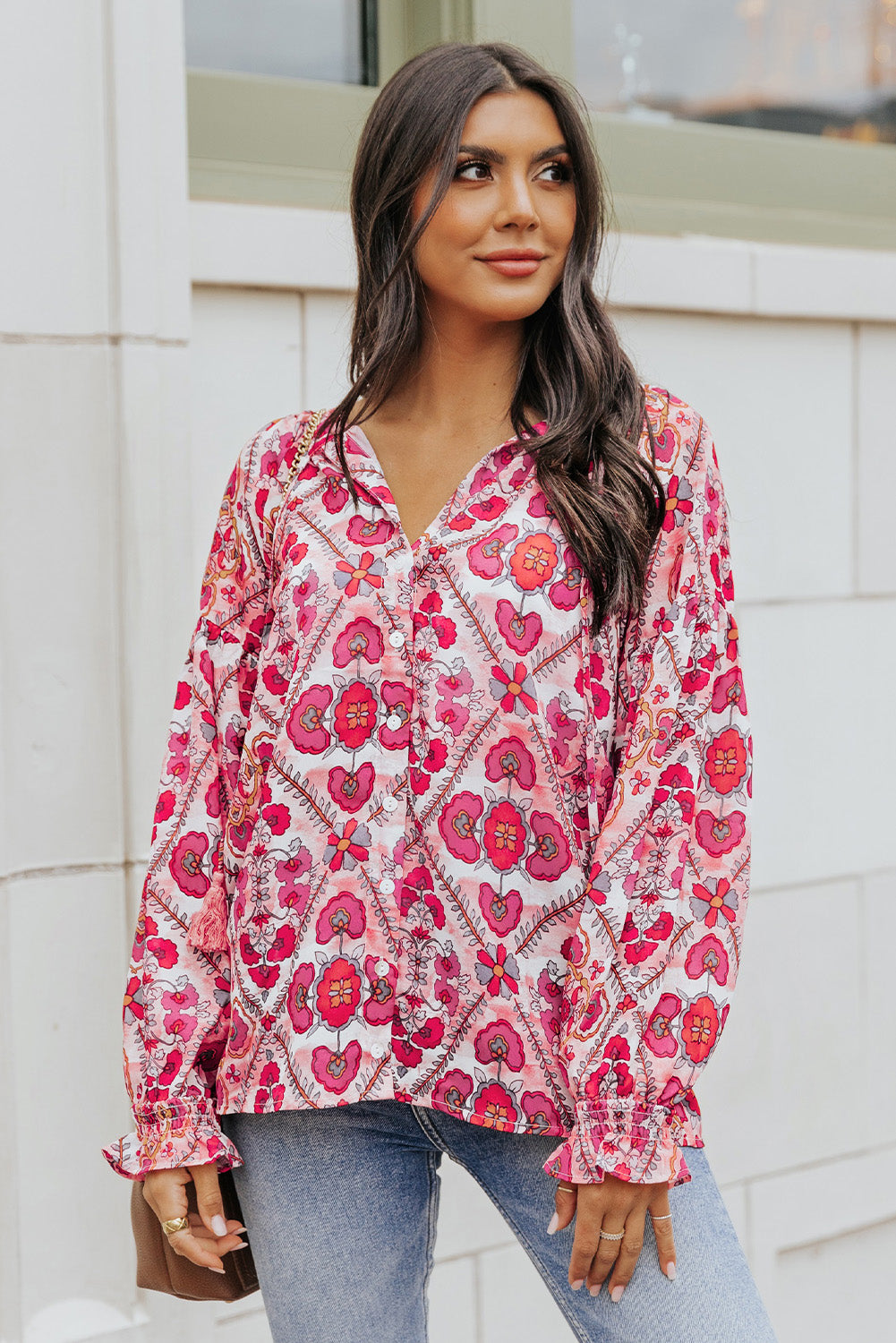 Rose Split Neckline Front Buttons Floral Print Blouse