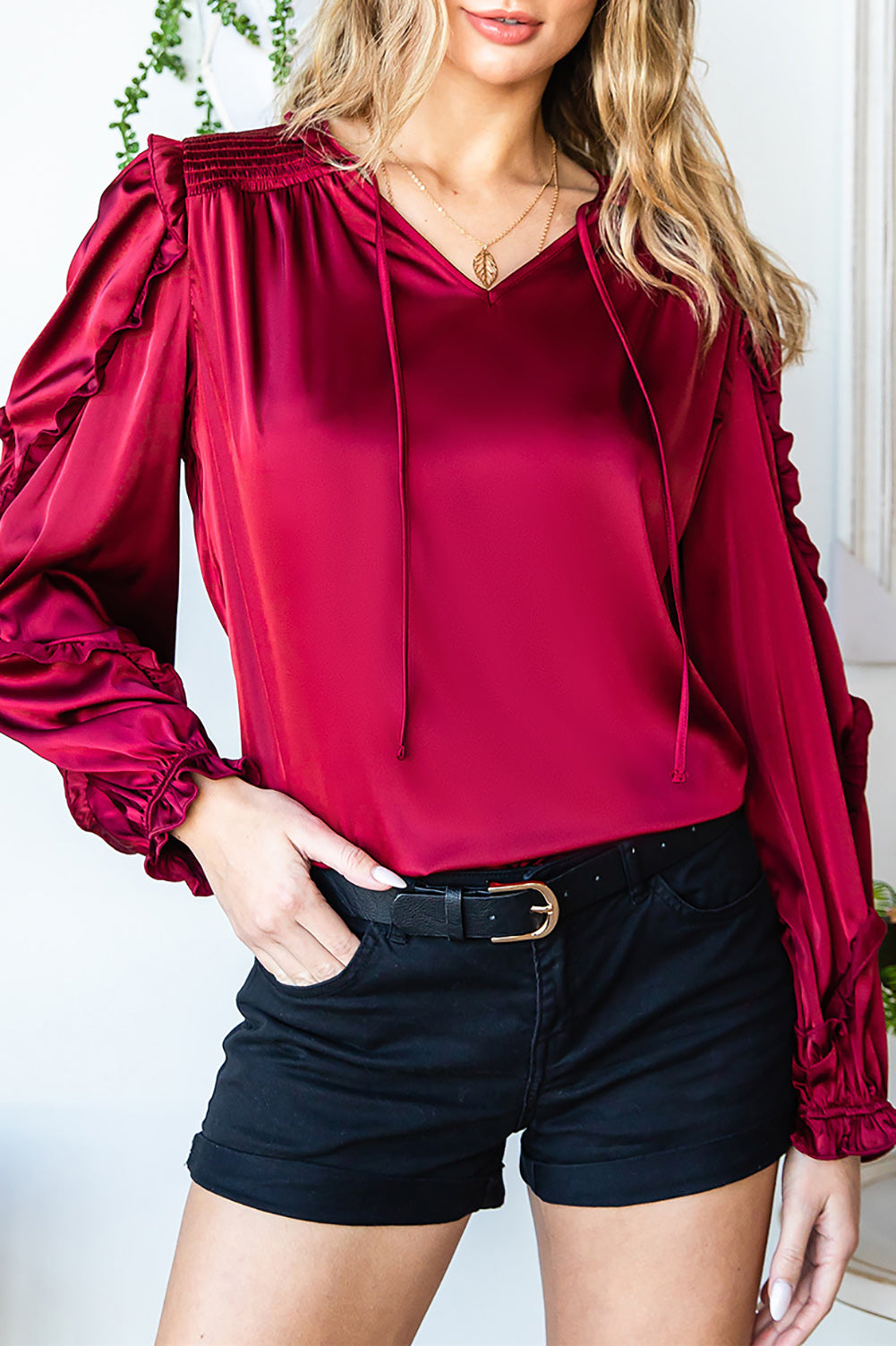 Red Split Neck Ruffled Satin Shirt