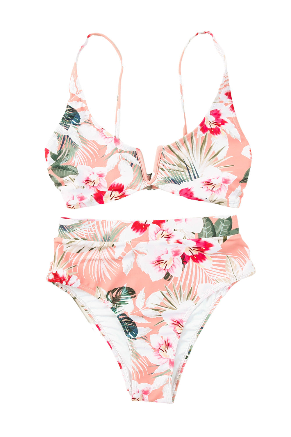 Orange Tropical Floral Print High Waist Bikini Swimsuit