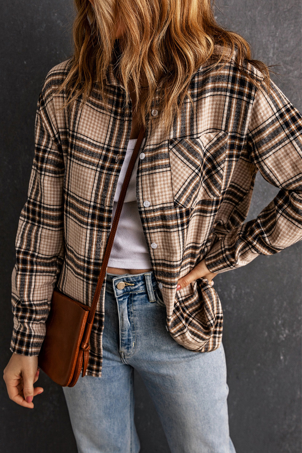 Khaki Chest Pocket Plaid Pattern Long Sleeve Shirt