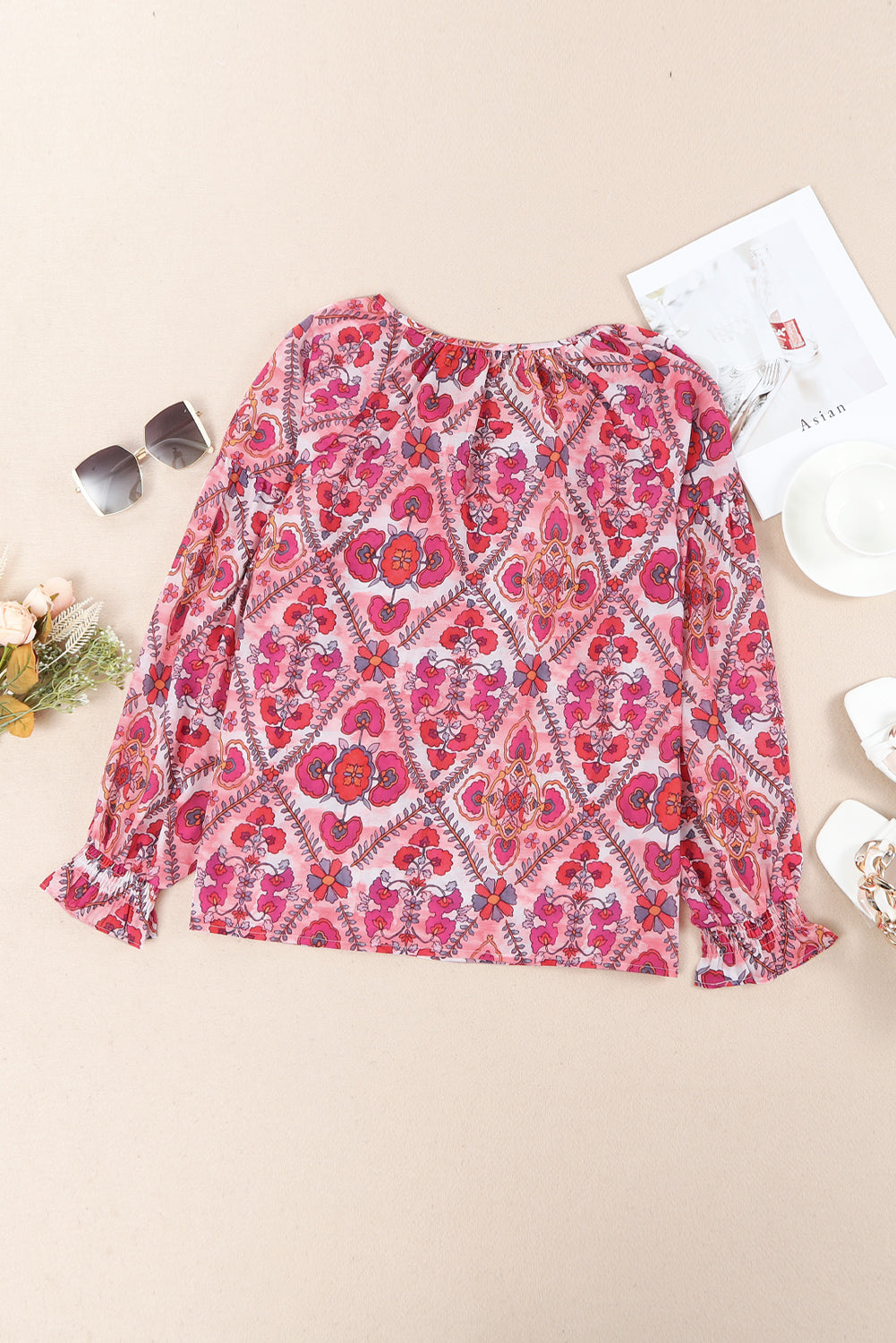 Rose Split Neckline Front Buttons Floral Print Blouse