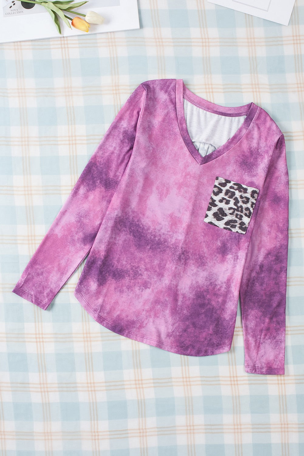 Rose Tie Dye Leopard Patchwork Pocket V Neck Top