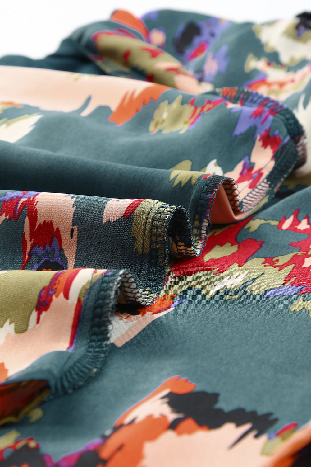 Green Abstract Printed V Neck Bubble Sleeve Blouse