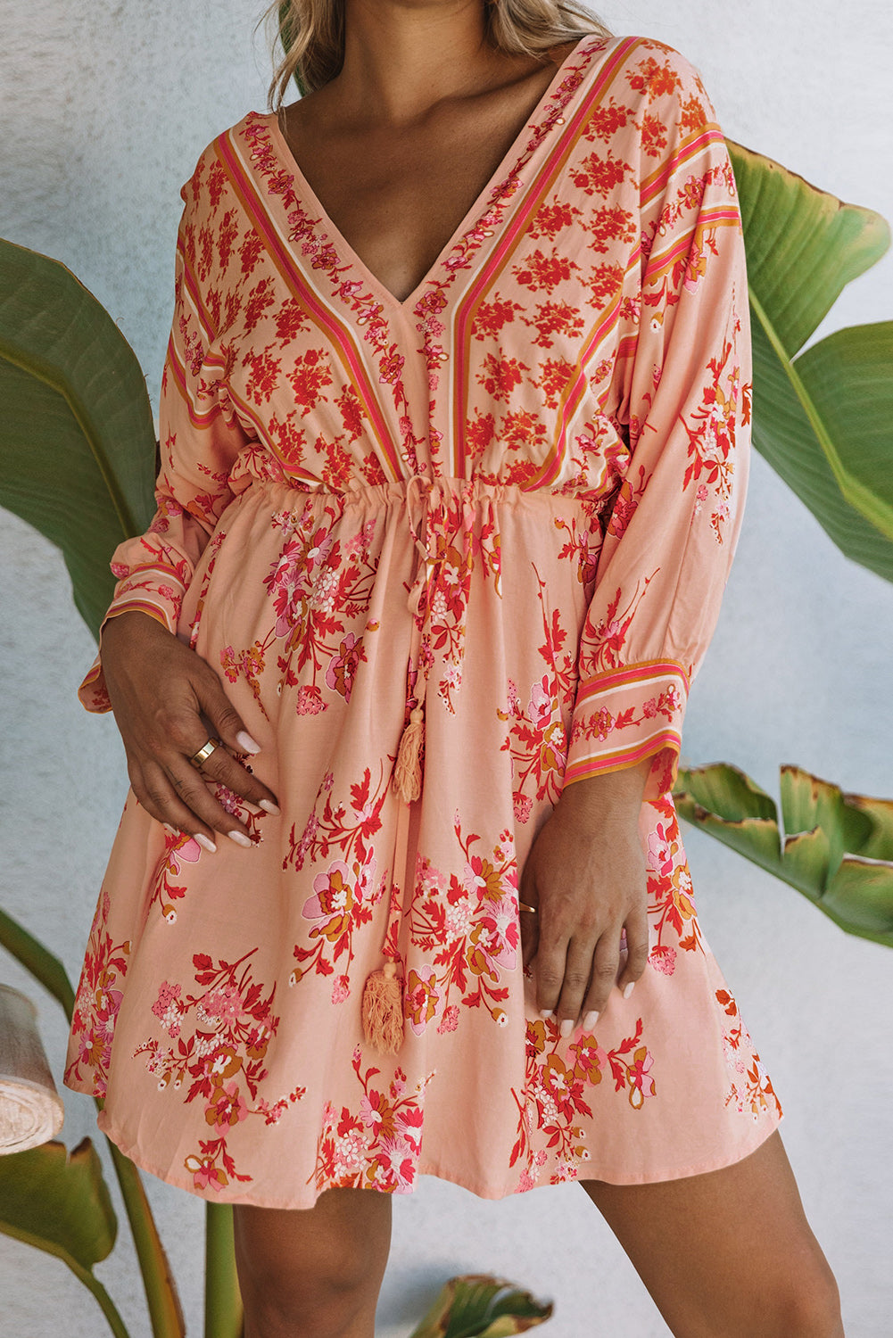 Floral Tassel Drawstring Kimono Dress