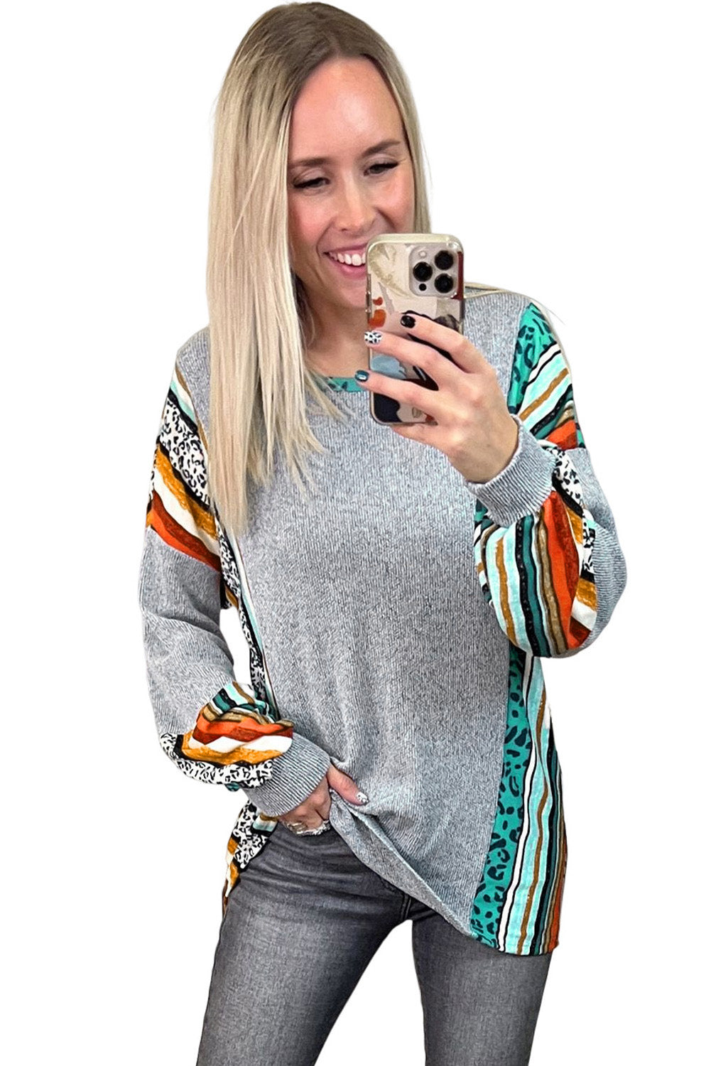 Gray Leopard Serape Drop Shoulder Bubble Sleeves Knit Top
