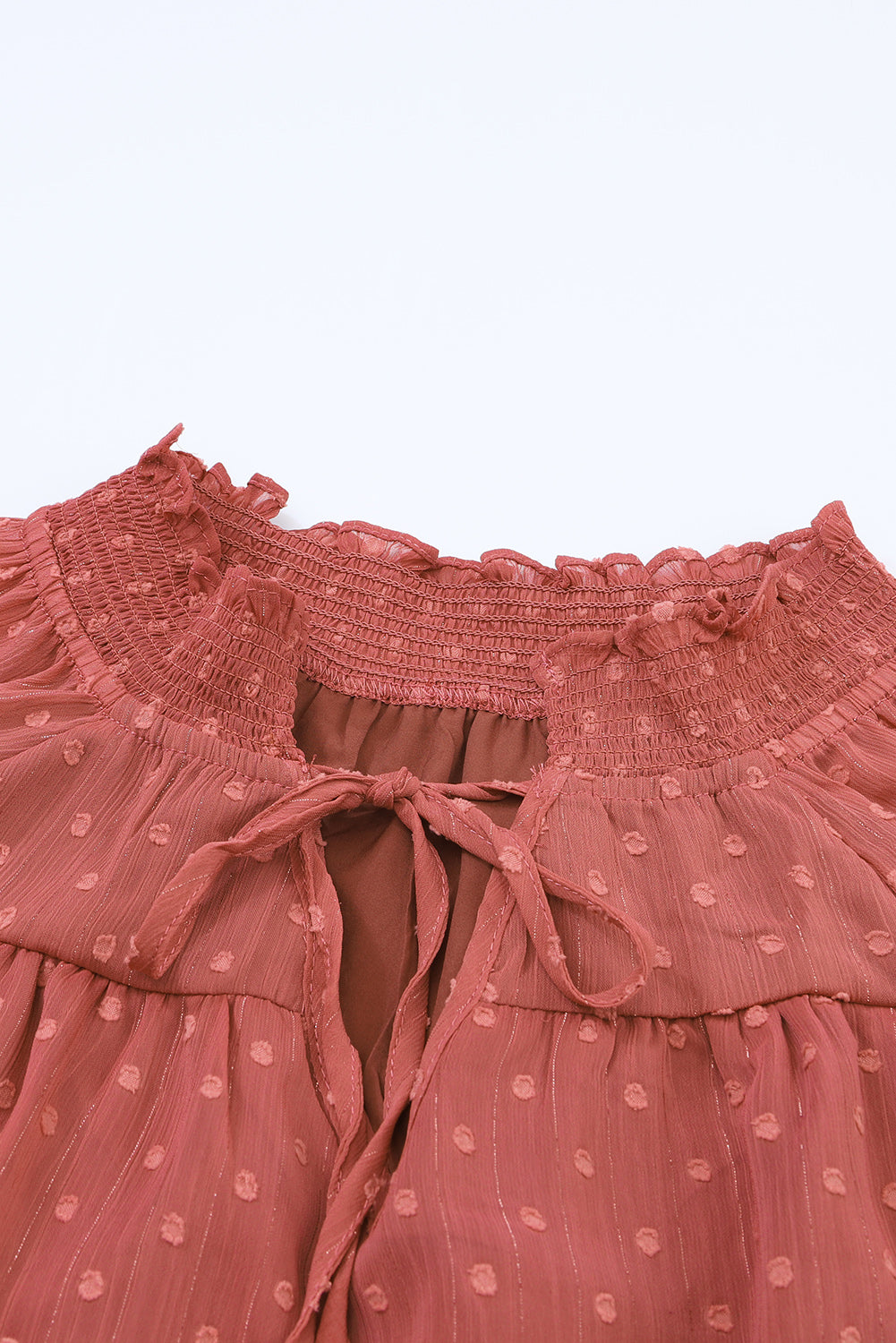 Red Swiss Dot Lace up V Neck Ruffled Blouse