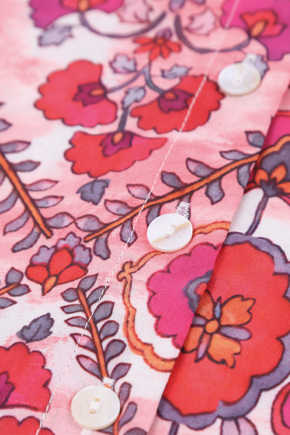 Rose Split Neckline Front Buttons Floral Print Blouse