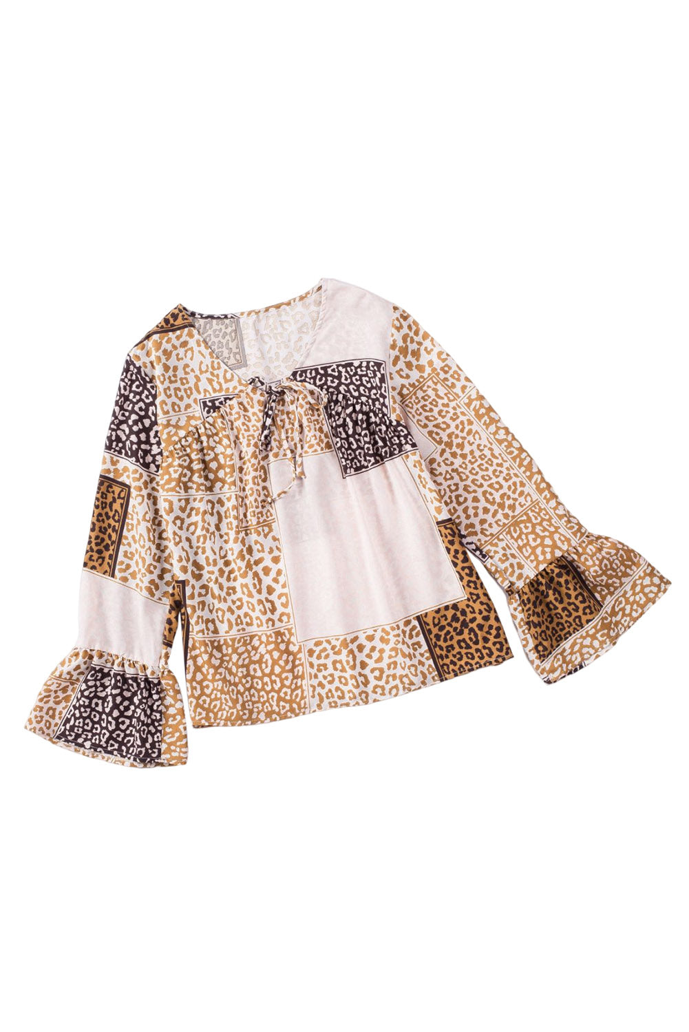Brown Colorblock Leopard Ribbon Tie Blouse