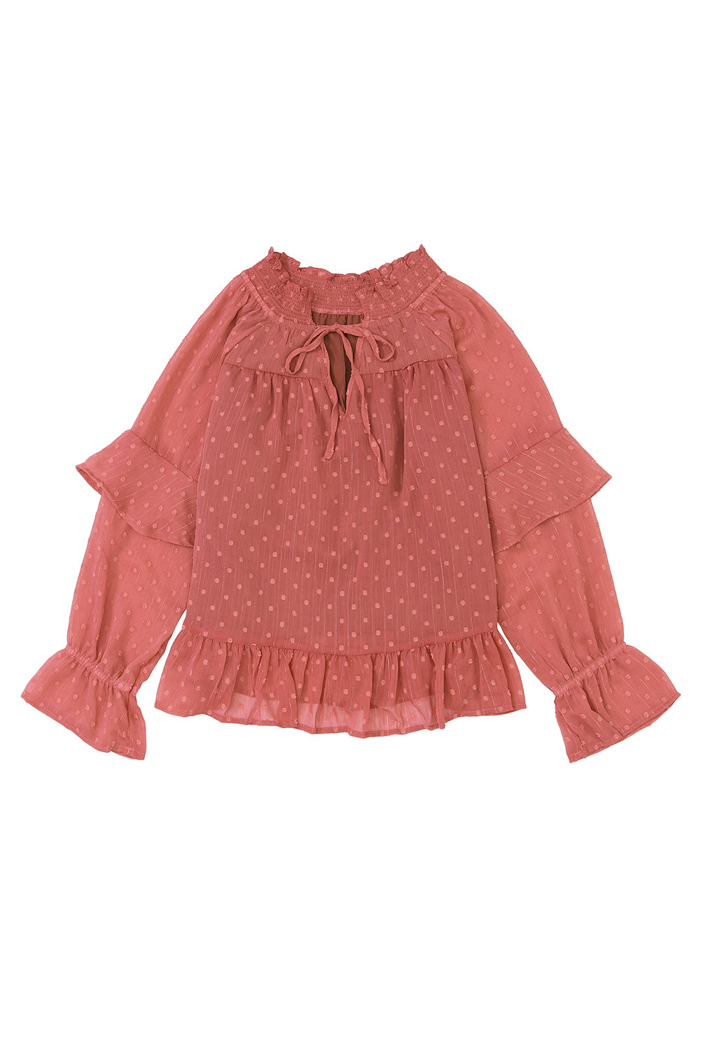 Red Swiss Dot Lace up V Neck Ruffled Blouse