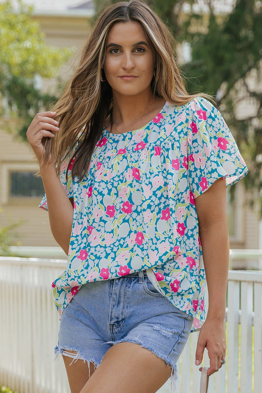 Sky Blue Floral Print O-neck Short Sleeve Babydoll Blouse