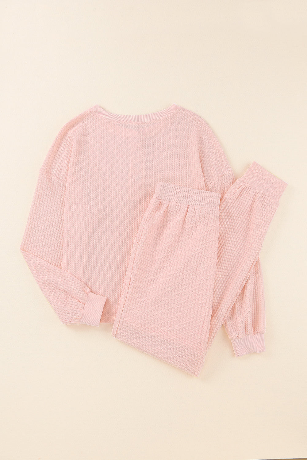 Pink Thermal Waffle Knit Long Sleeve Loungewear Set