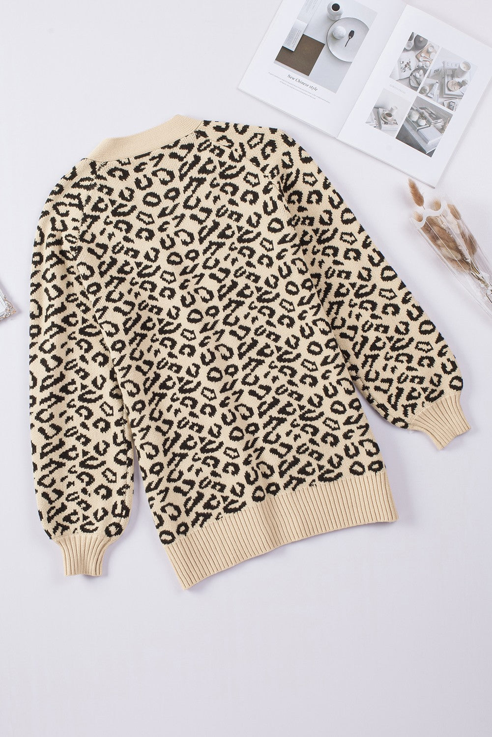 Leopard Knit Open Front Long Cardigan